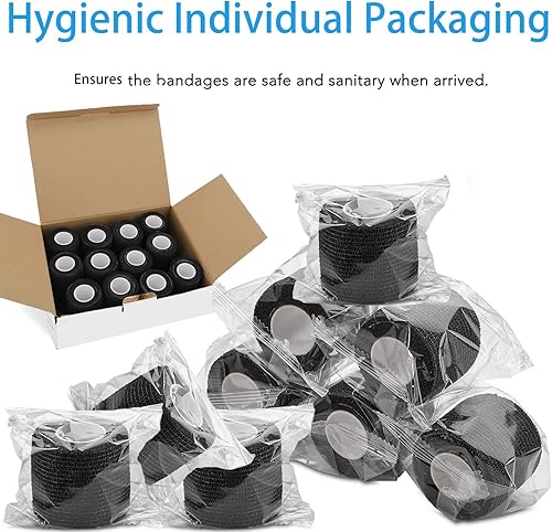 Miniatura 2 de Paquete de 24 vendajes cohesivos autoadherentes, 2 pulgadas x 5 yardas, cinta elástica de agarre negro para perros, vendajes atléticos para primeros