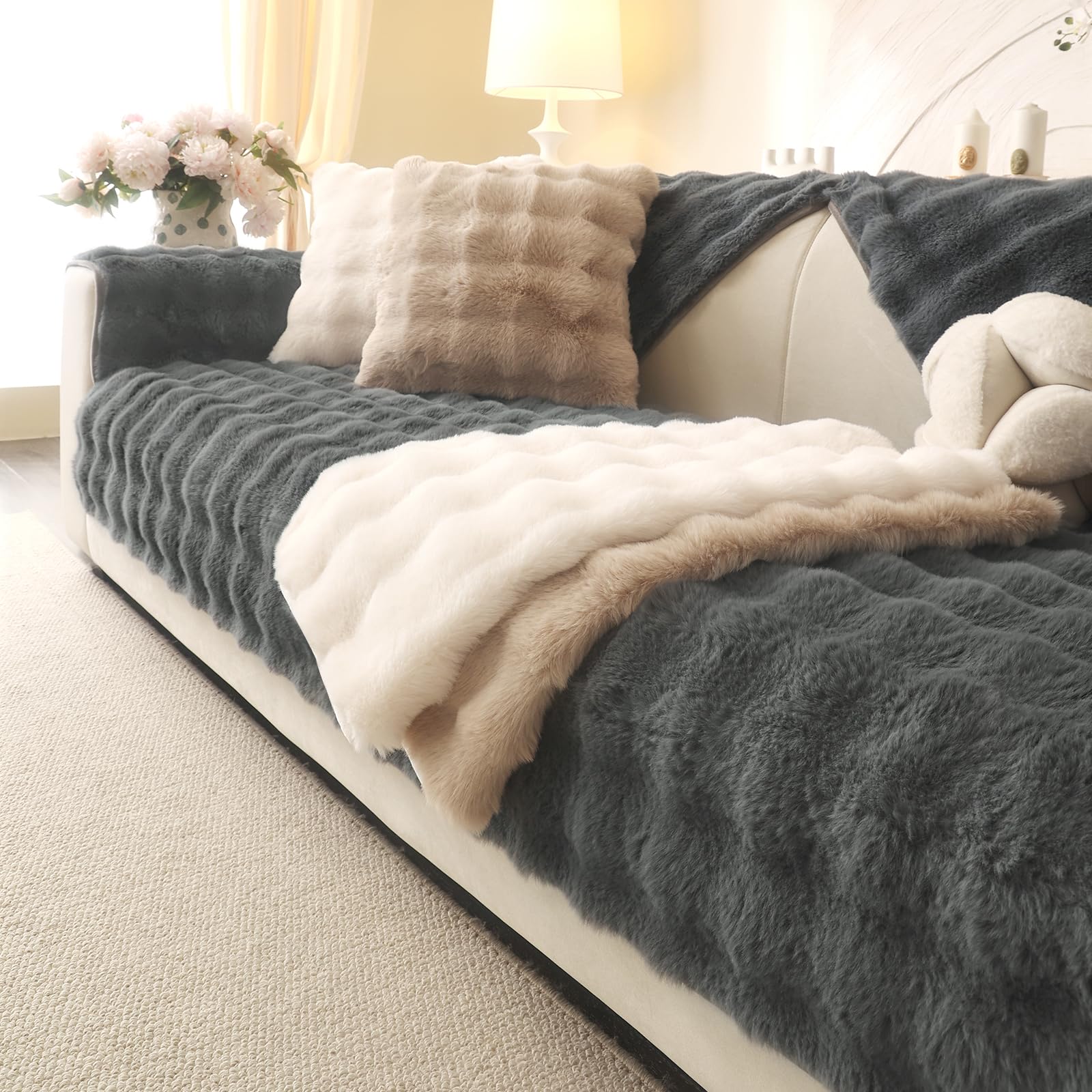 Aucrovee Soft Plush Faux Fur Couch Cover, Thick Warm Fuzzy Sectional Sofa Covers for 3 Cushion Couch Sofa Non Slip Slipcover, Furniture Protector
