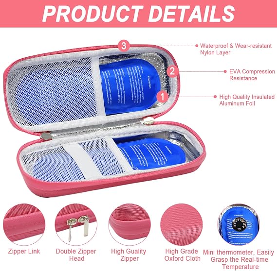 Insulin Pen Case, Portable Insulin Cooler Travel Case with 2 Nylon Ice Packs and 1 Mini Thermomete, Diabetic Supplies Insulin Pen Case for Travel Insulin Case Diabetic Bag (Rose Pink)