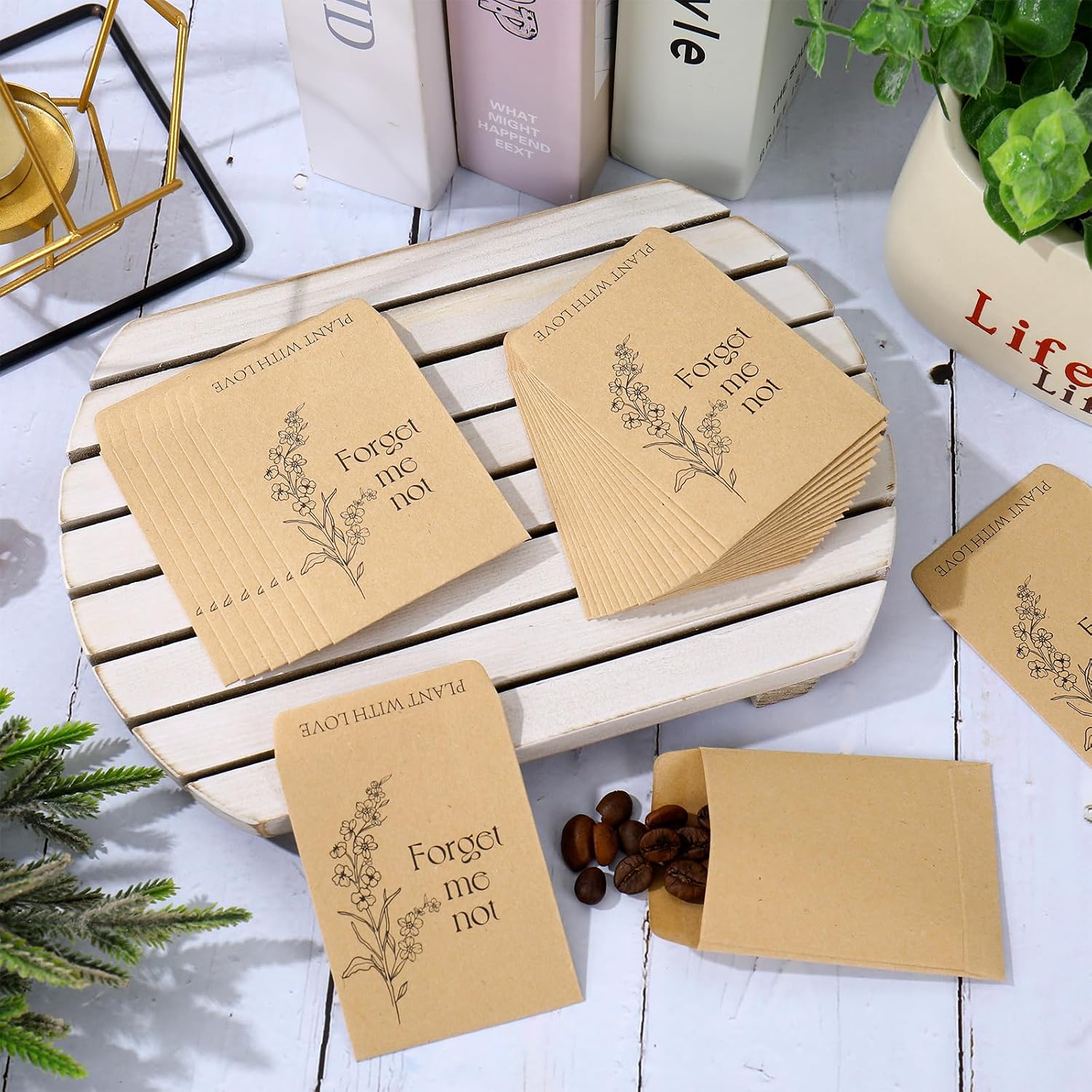 JarThenaAMCS 50Pcs Forget Me Not Seed Packets Self Adhesive Kraft Envelopes Retro Floral Seed Storage Pockets for Garden Birthday Wedding Party Favors (No Seeds)