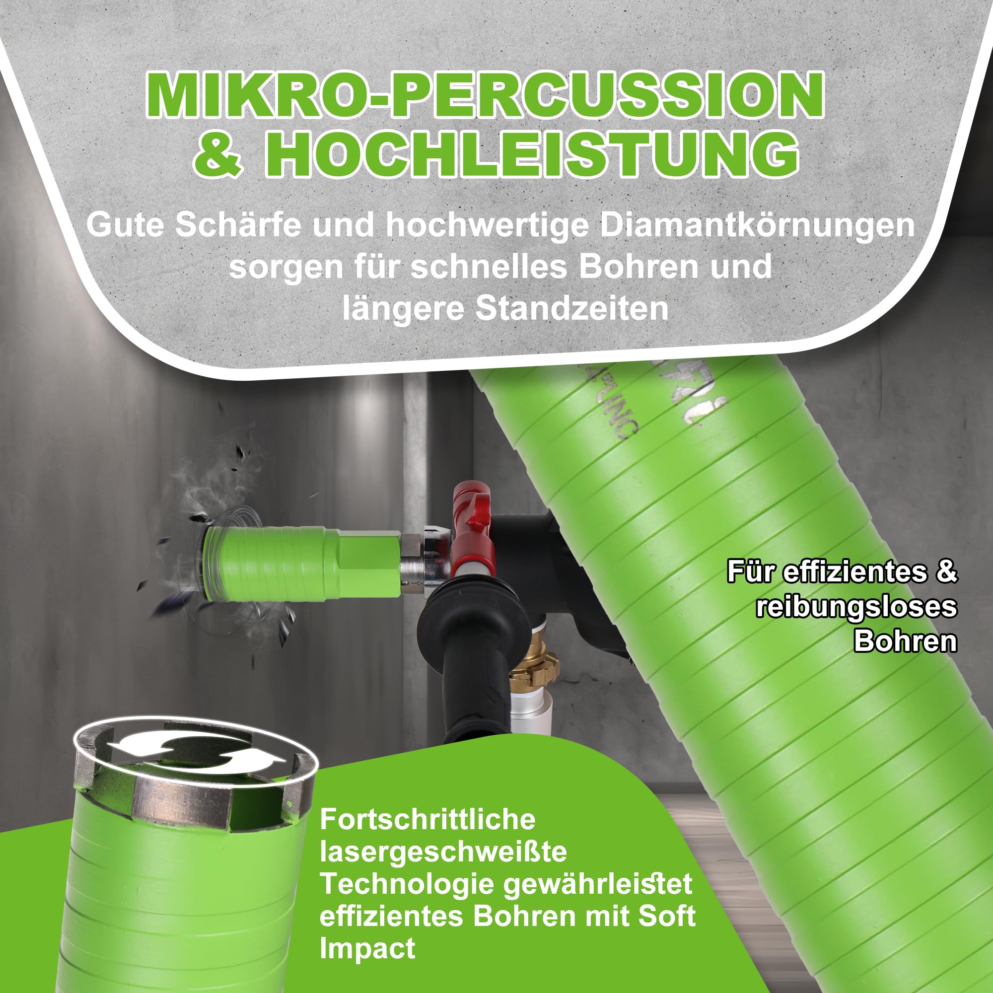 Kernbohrer 52mm Micro Percussion, Nutzlänge 300 mm Turbo Diamantbohrkrone, 1 1/4" UNC Kernbohrkrone, Trocken-bohrkrone für Beton