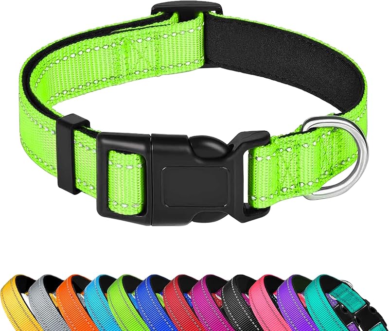 Reflective Dog Collar, Adjustable Soft Neoprene Padded,Green,S | Breathable Nylon for Small Dogs,Tear-Resistant Webbing,Chafe‑Free on Walks and Hikes,Metal D-Ring,Night Safety