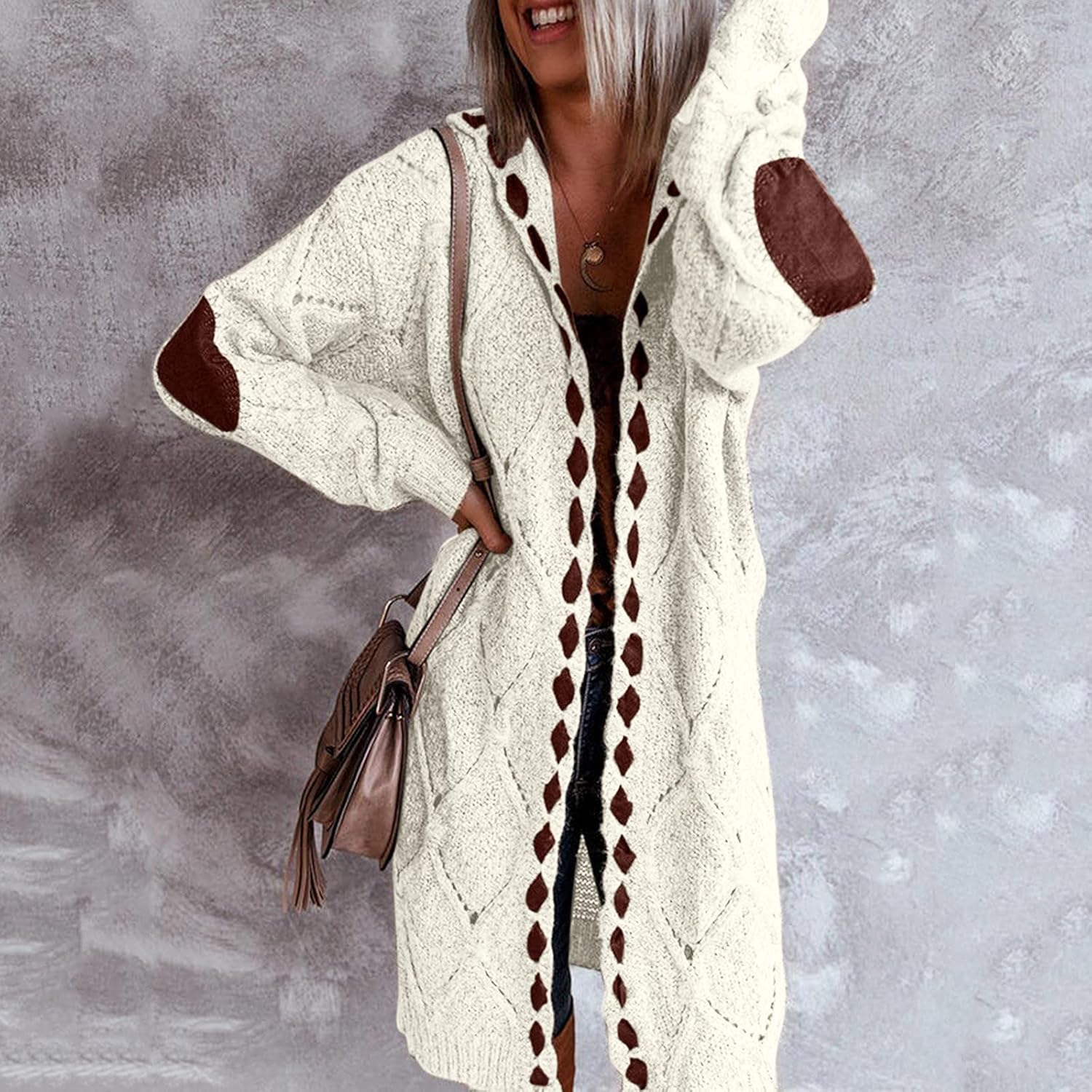 Breie jas voor dames, grof gebreid vest, warm vlechtpatroon, cardigan, lange mouwen, zomerjas, elegant, open voorkant, wit, XXL