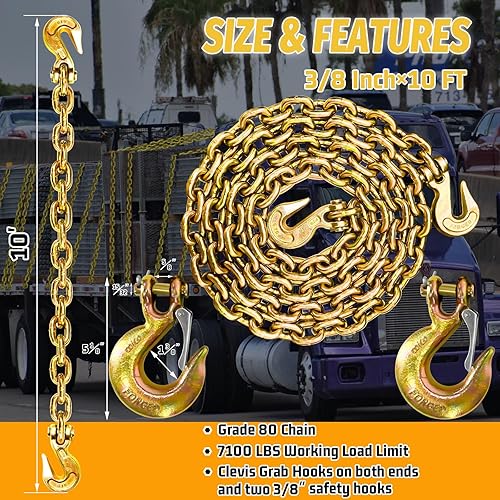 Miniatura 2 de Cadena de transporte de 38 pulgadas, cadena de remolque G80 con ganchos de seguridad y agarre G70  Carga de trabajo de 7100 libras  Cadena de