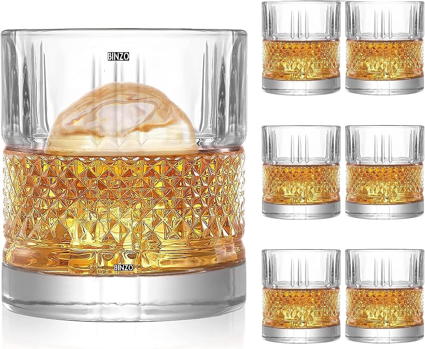 BINZO Whiskey Glasses Set of 6, 300 ml Crystal Whiskey Glass, Premium Imported Glasses for Cocktail, Liquor, Whiskey Gift.