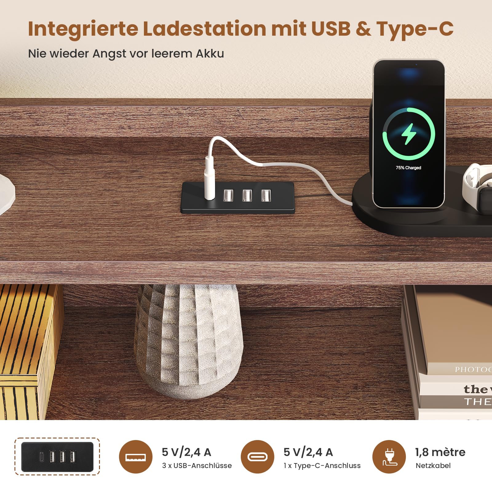 AOGLLATI Polsterbett 90x200 mit Hydraulisch Stauraum,3 schubladen und LED | Jugendbett 90x200 mit Ladestation, Stauraum Kopfteil, Lattenrost aus Holz, Einzelbett belastbar bis 250 kg, Leinen Dunkelgrau
