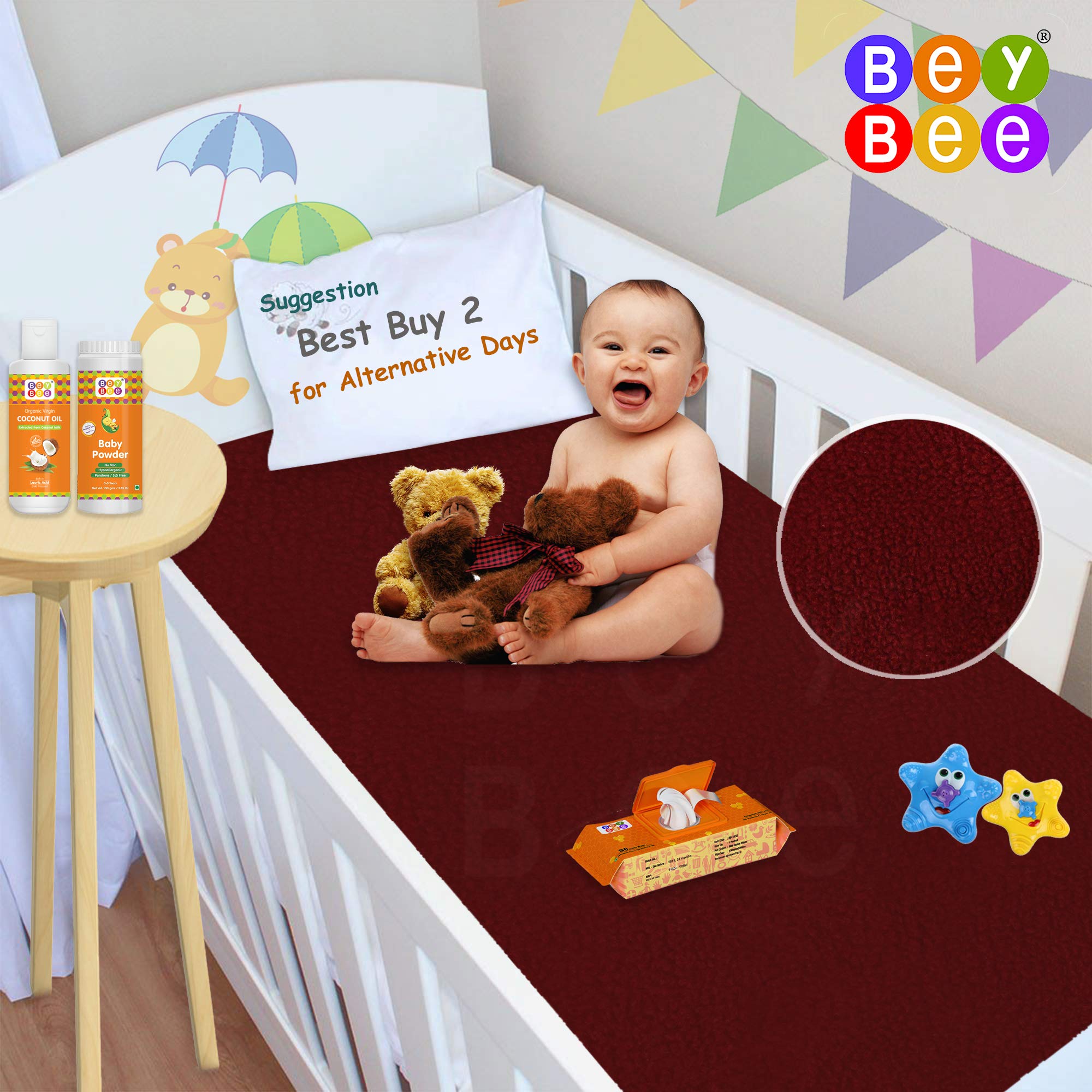 Beybee Waterproof Bed Protector Baby Dry Sheet, Medium, Maroon (100 cm x 70 cm)