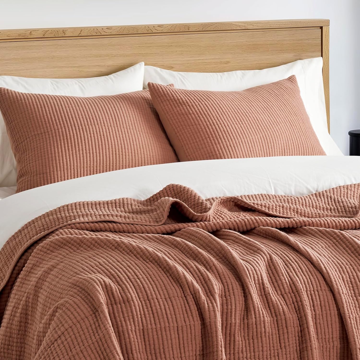 EVERGRACEHOME Cotton Coverlet Set Full Queen Size 3 Pieces, Lightweight Soft Ribbed Matelassé Bedspread Quilt Set, Cozy Oversized Quilted Bedding Set with 2 Pillow Shams for All Seasons, Clay - Image 4