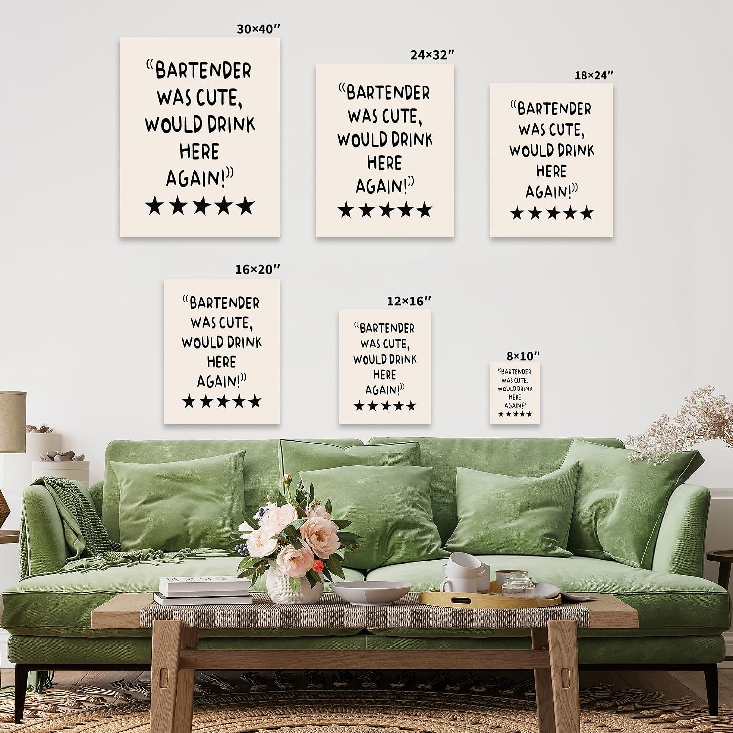 Poster Master Typography Canvas - Bartender Was Cute Would Drink Here Again Canvas - Humorous Art - Funky Bar Cart Design - Funny Kitchen, Bar or Restaurant Decor - 8x10 STRETCHED Canvas