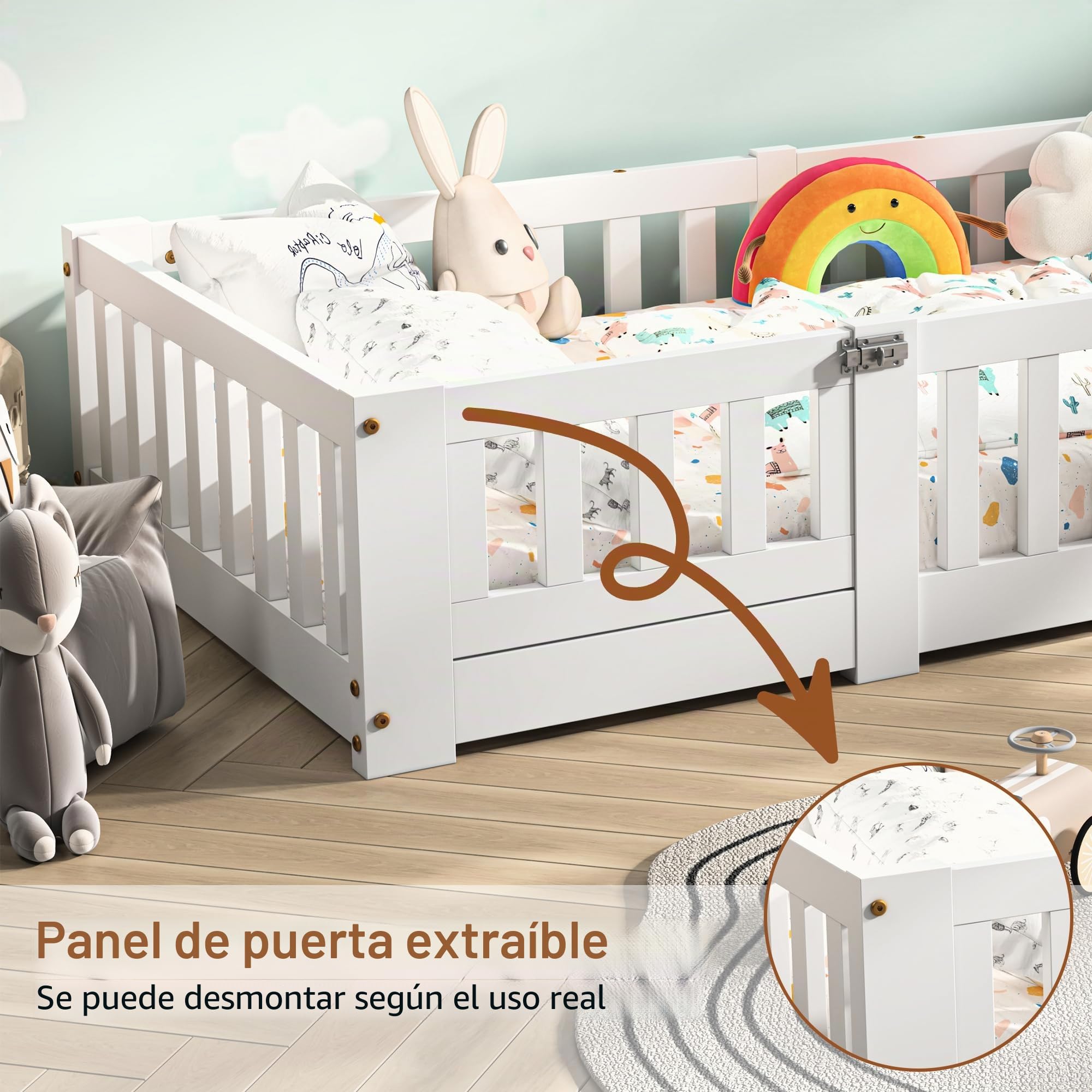 Cama infantil 90x190 cm, cama Montessori en el suelo de madera maciza pino con protección contra caídas y somier de láminas, cama de barrotes para niños y niñas, color blanco