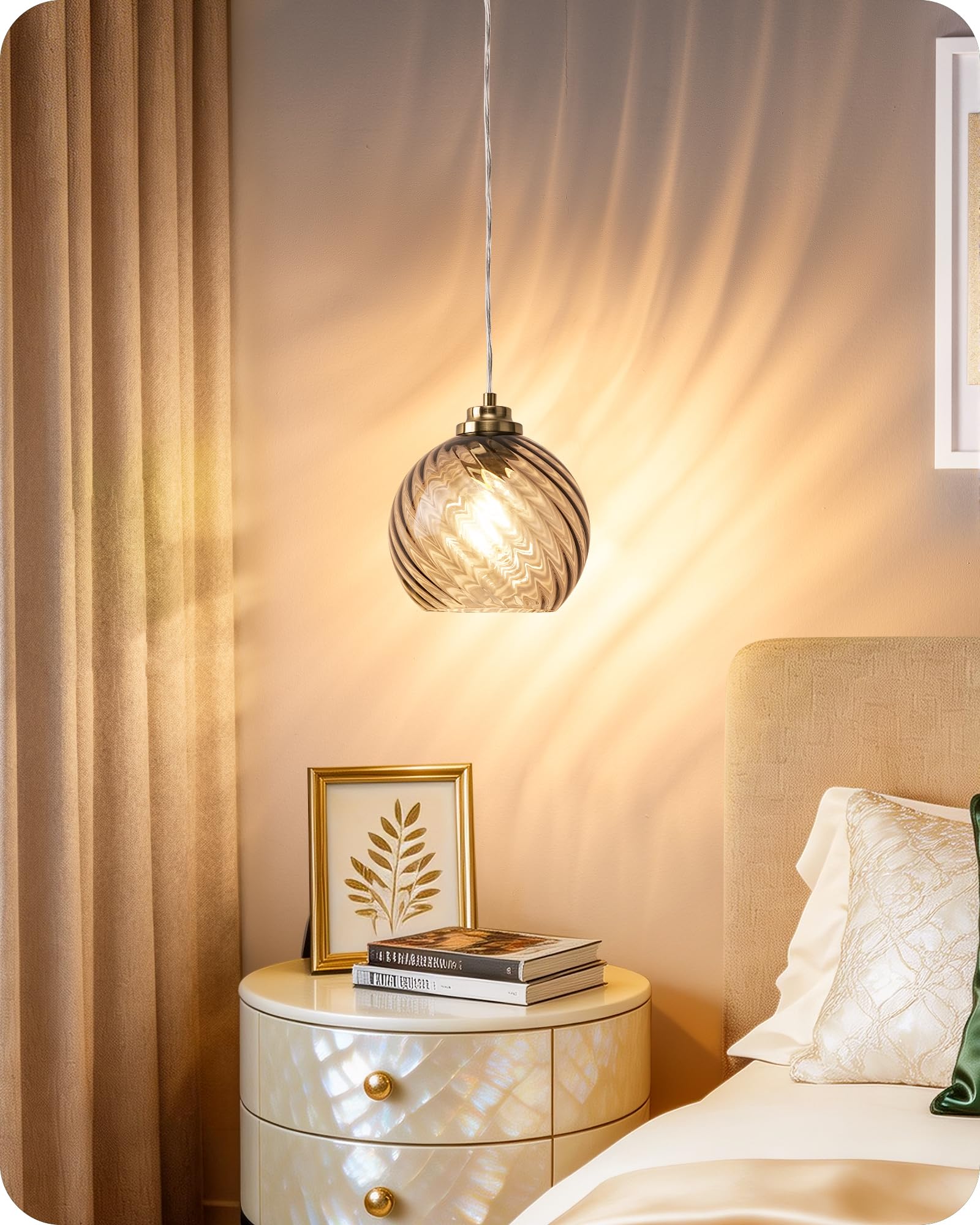 EDISHINE Lampada Sospensione Vetro Ondulato, Grigio Fumo, Regolabile 1,5 m