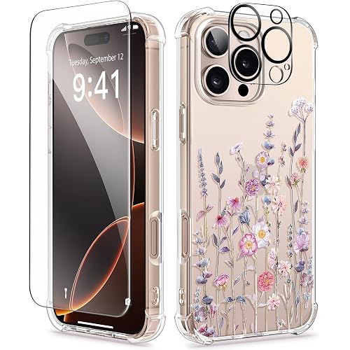 GVIEWIN for iPhone 16 Pro Case Floral, with Screen Protector&Camera Lens Protector, [Non Yellowing] Slim Shockproof Clear Phone Protective Cover for Women, Flower Pattern 6.3"(Floratopia/Colorful)