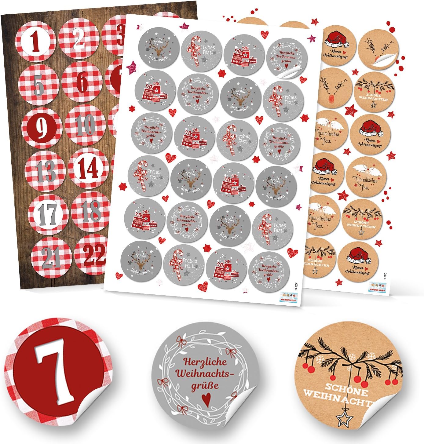 3 x 24 Aufkleber Frohe Weihnachten und Adventskalender Zahlen 4 cm rund rot wei  Geschenkaufkleber Set f r Verpackung Scrapbooking hochwertig Logbuch-Verlag