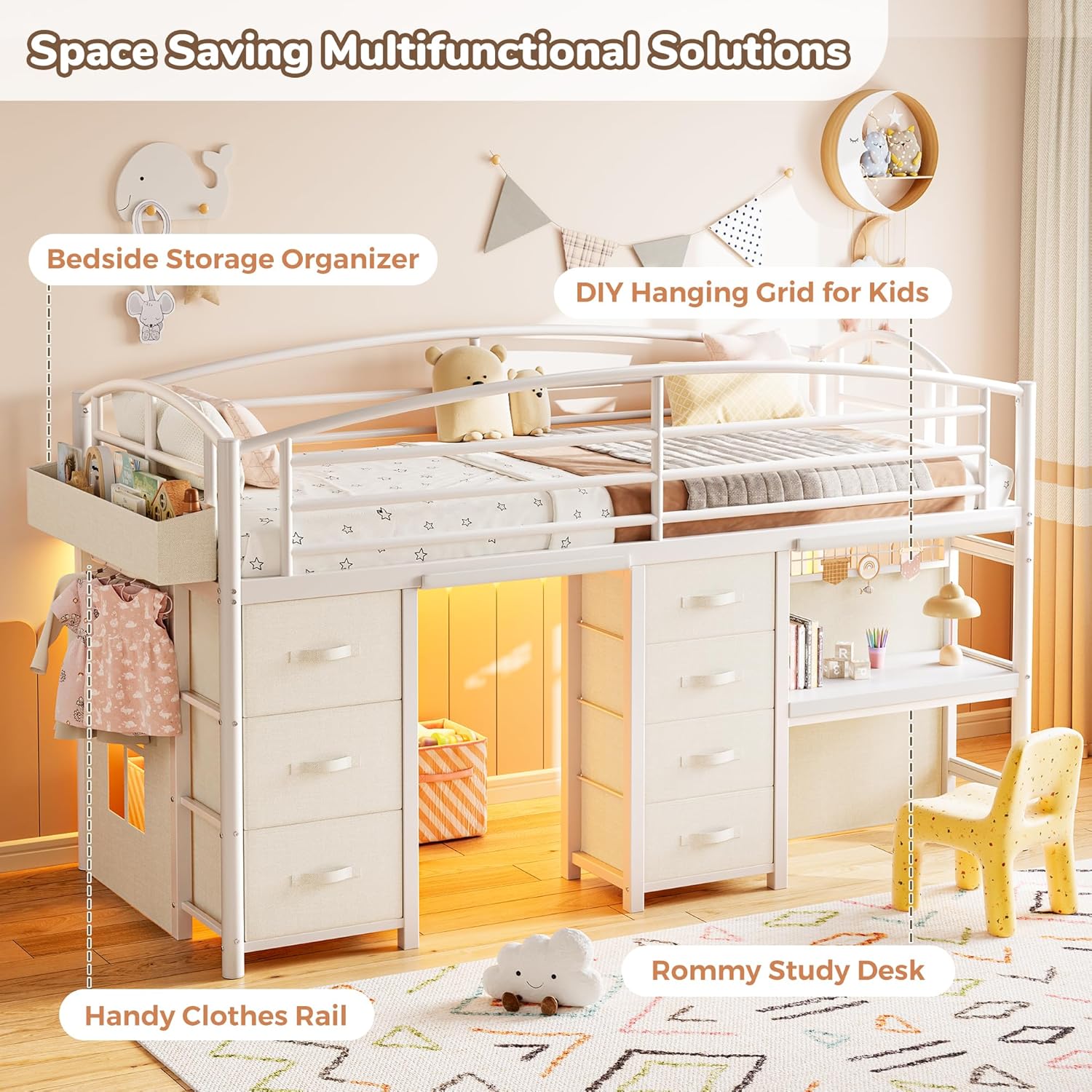 Low Loft Bed Twin Size with 7 Storage Drawers, Desk and LED Lights, Heavy Duty Metal Kids Loft Bed with 12" H Safety Guardrail, Anti-Collision Pad, Private Play Curtain, Under-Bed Play Space (White)