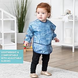 Bumkins Sleeved Bib for Girl or Boy, Baby and Toddler for 6-24 Mos, Essential Must Have for Eating, Feeding, Baby Led Weaning Supplies, Long Sleeve Mess Saving Food Catcher, Soft Fabric, Faux Denim