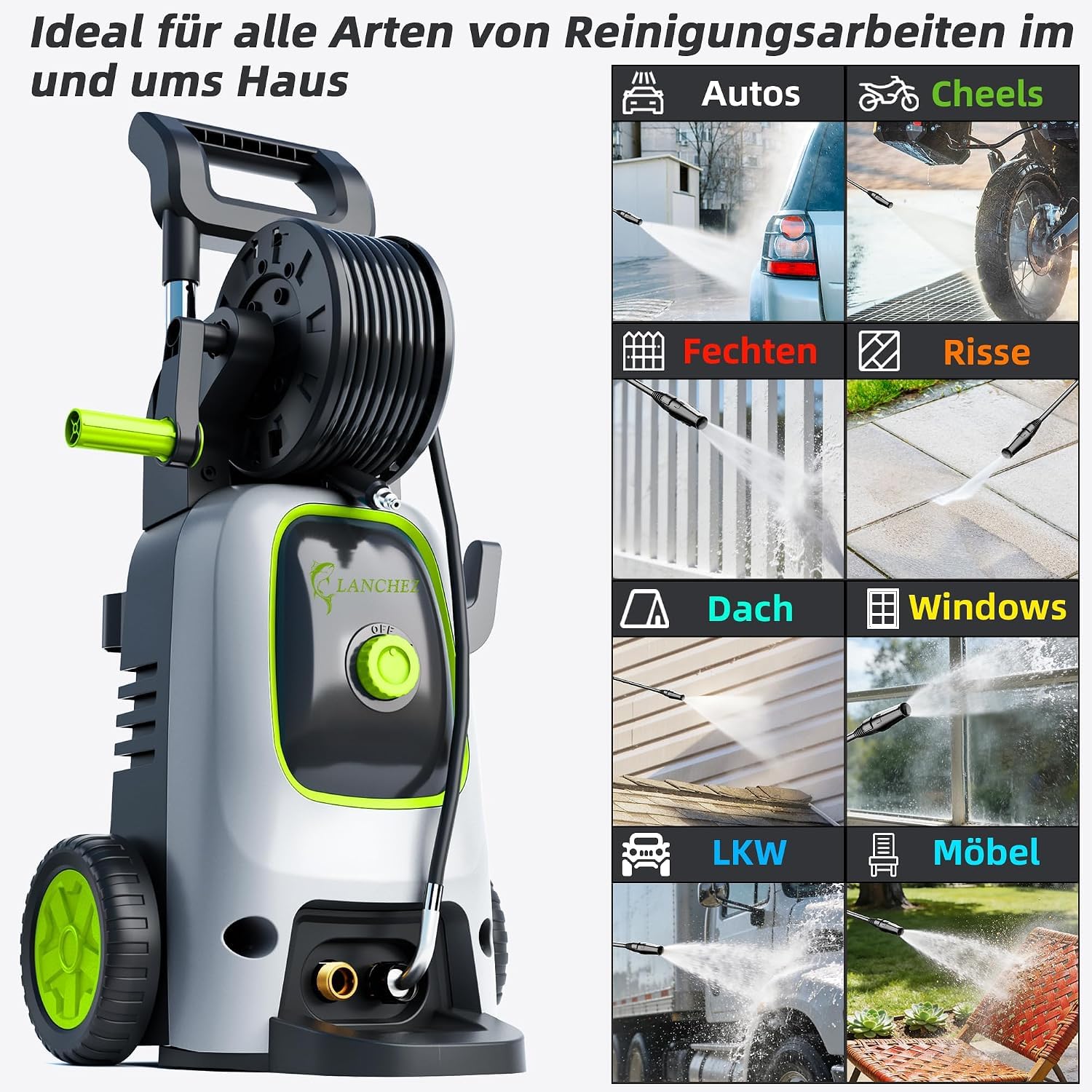 Hochdruckreiniger 120 bar 360 L/h, 7-in-1 Zubehör Set mit 500 ml Schaumsprüher, Schnellkupplungen, Schnellanschlussdüsen, Terrassenbürste – ideal für Auto, Terrasse, Garten, Fassade & Gehwege