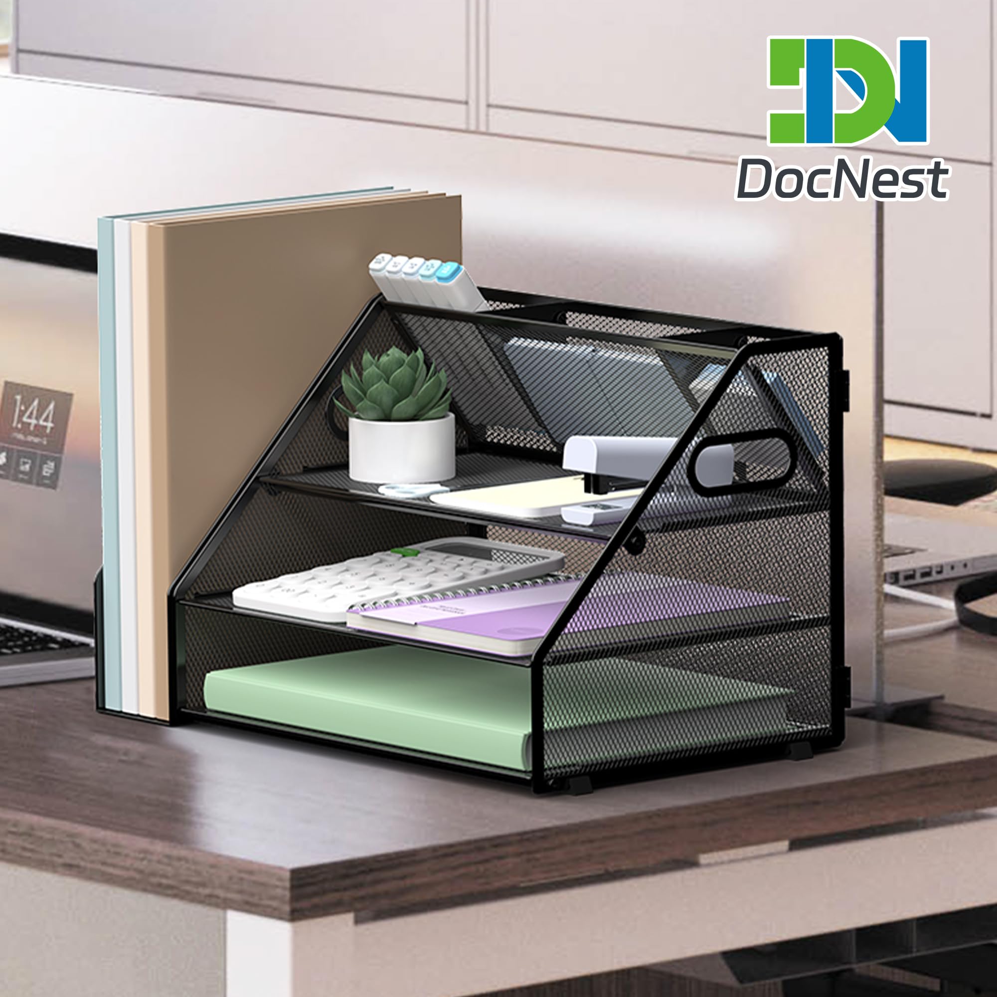 DocNest Vassoio per lettere a 3 livelli, organizer da scrivania in rete con manico, organizer da scrivania con portapenne, accessori da scrivania per ufficio, organizer da scrivania per forniture per