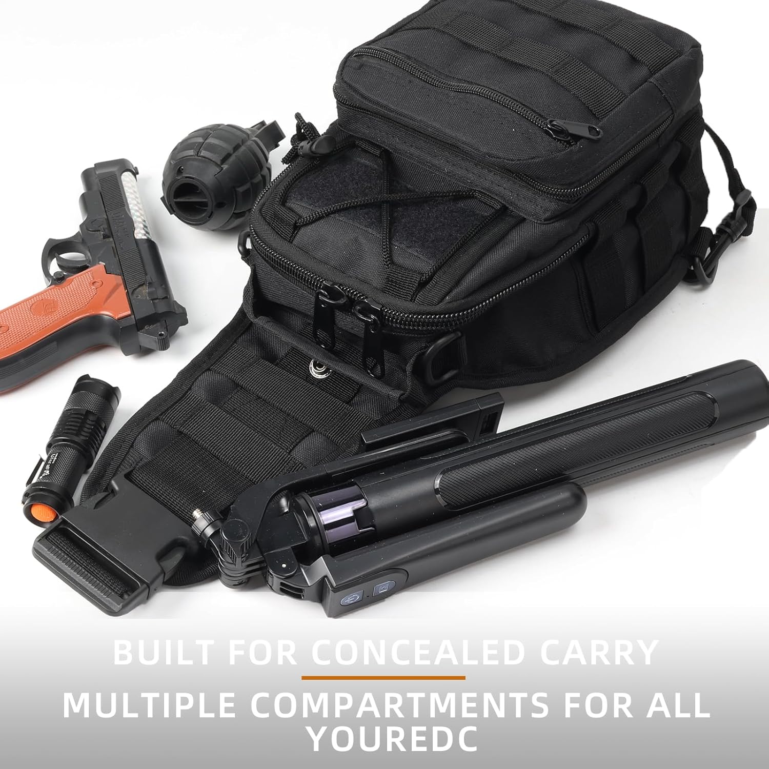 J.SH 4-in-1 Tactical Sling Bag with Hidden Compartment Men's Outdoor MOLLE Crossbody Bag EDC Backpack Small Tactical Backpack - Black - Image 7