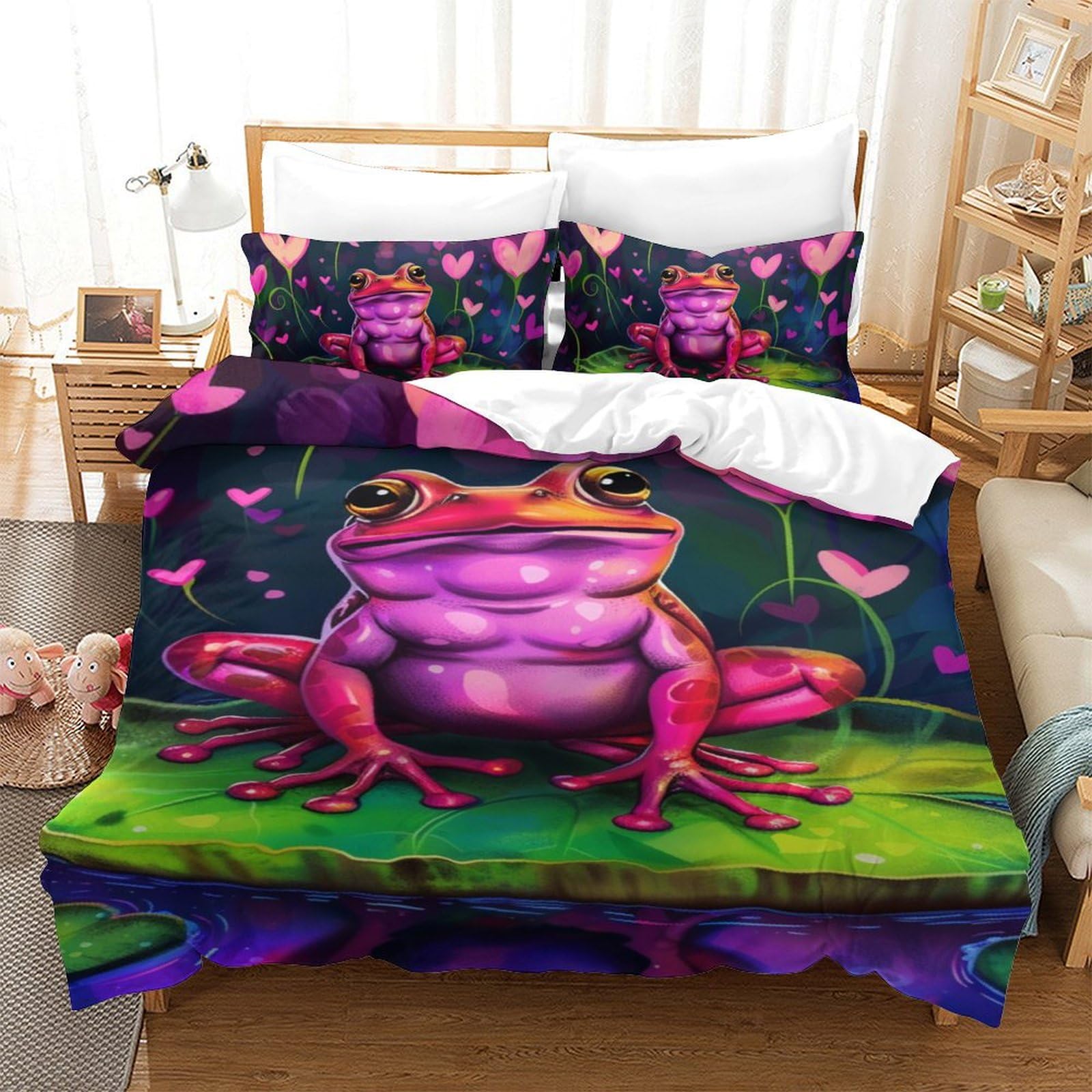 Parure de lit grenouille 140x200 microfiche avec housse de couette 3 pièces et taies d'oreiller