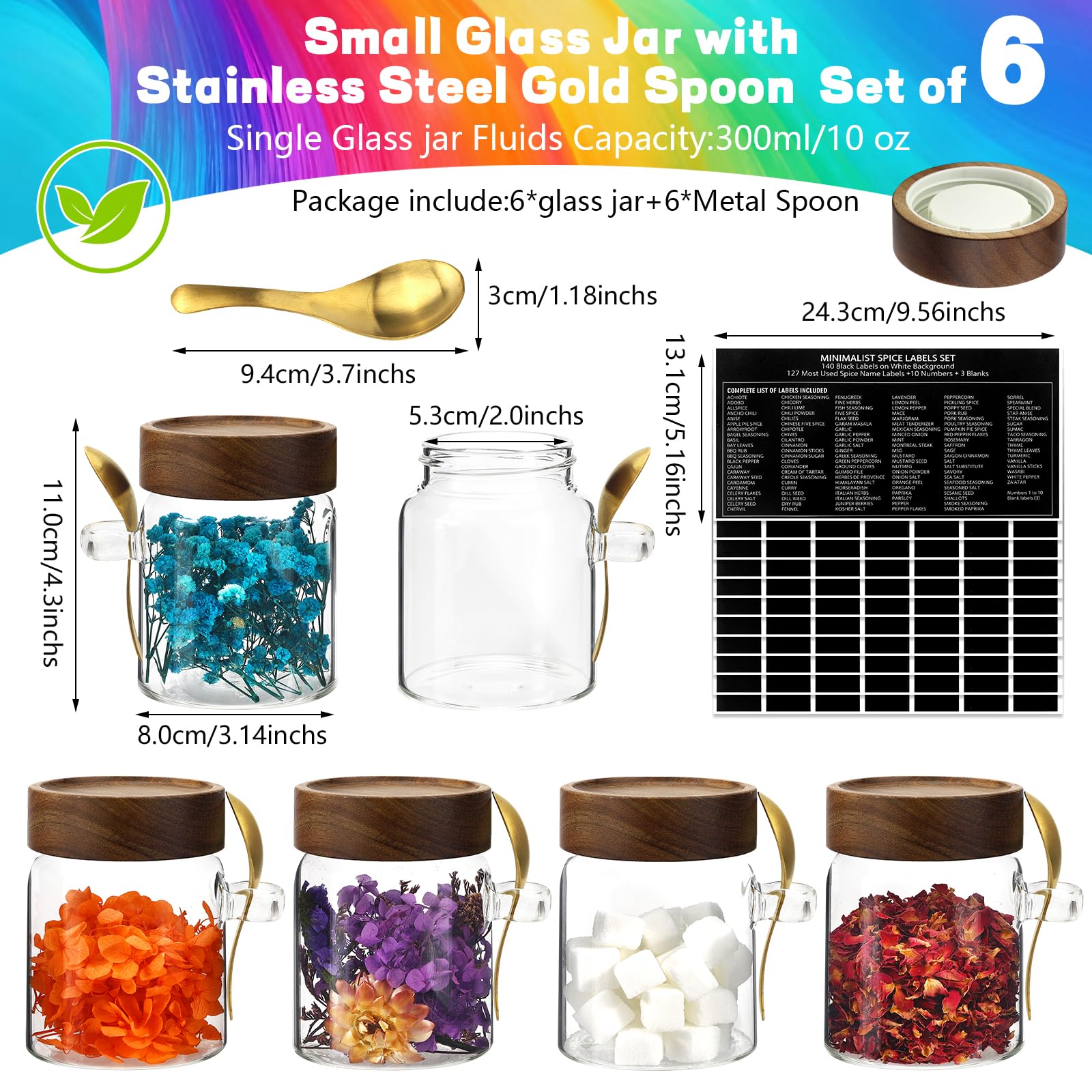 Kleines Glas mit luftdichtem Deckel, Löffel, Zucker, gemahlener Behälter, rund, Lebensmittelbehälter für Gewürze, Kaffeebohnen, Nüsse, Nudeln, Süßigkeiten, Reis, losen Tee (300 ml, 6 Stück)