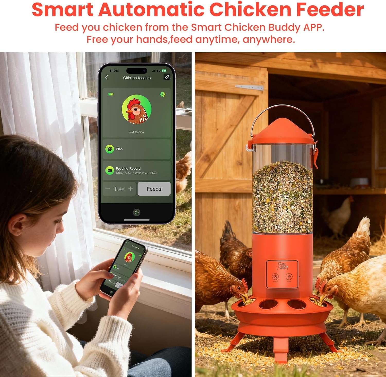 Automatic Chicken Feeder, Smart Chicken Coop Accessories, APP Smart Remote Control Chicken Feeders No Waste, Preset Feeder Schedule, 9 Chicken Feeder Port, Professional Poultry Feeding Equipment
