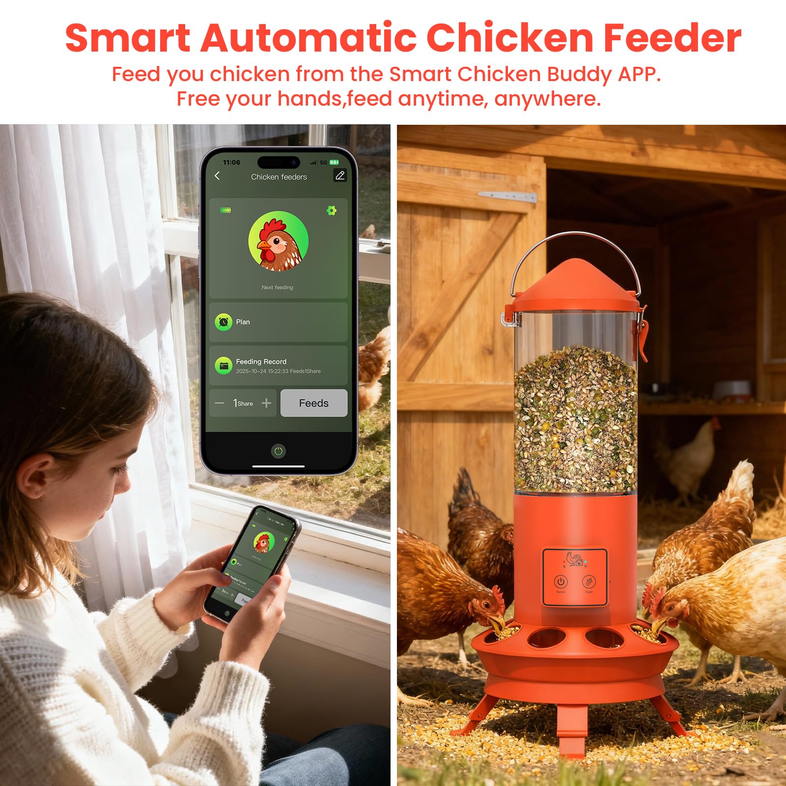 Alimentador automático de pollo, accesorios inteligentes para gallineros, alimentación inteligente de pollos con control remoto sin residuos, horario de alimentación preestablecido, 9 puertos de