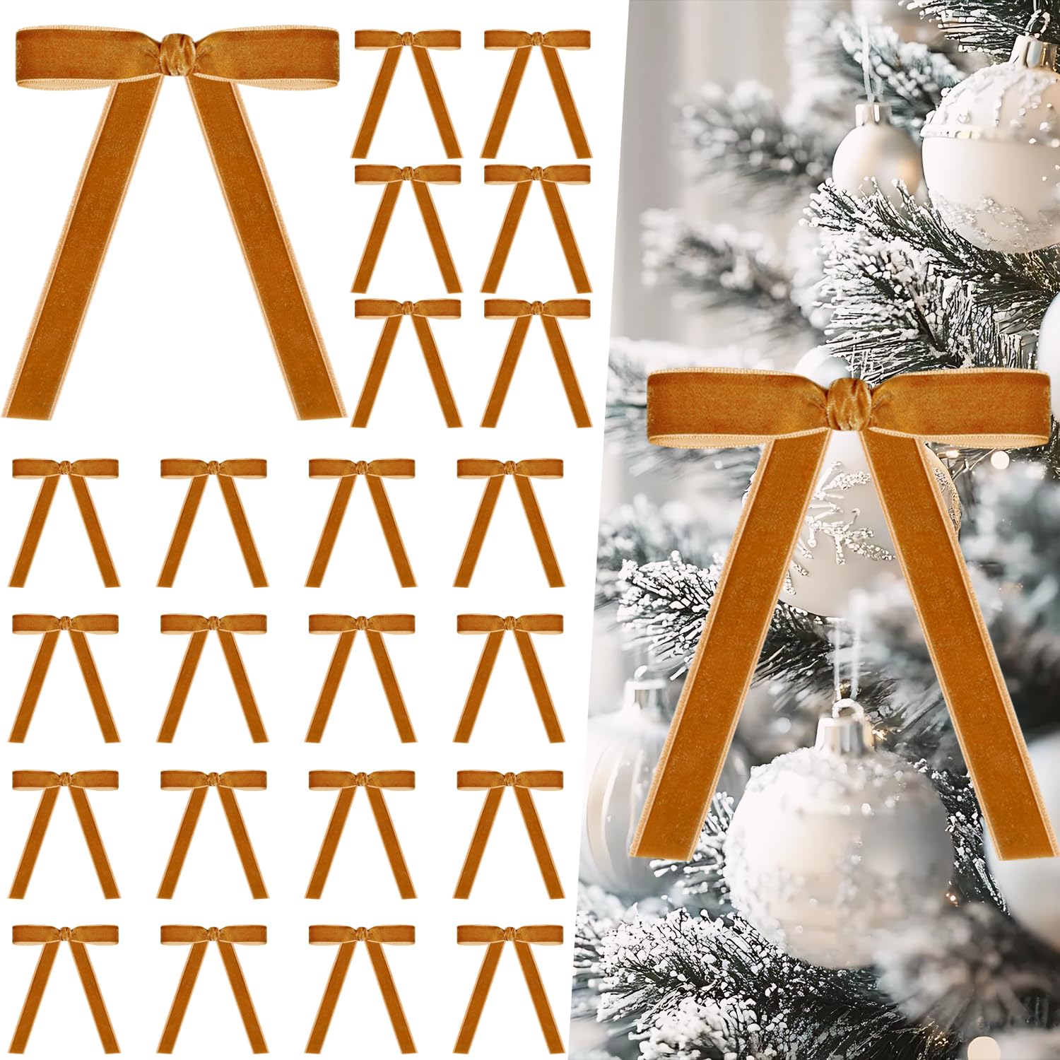 Miaikoe 24 Pcs Velvet Bows for Christmas Tree Rustic Velvet Christmas Ornaments Rustic Bows for Door Garland Wreath Gift Party Decoration (Width of 2.5cm,Camel)