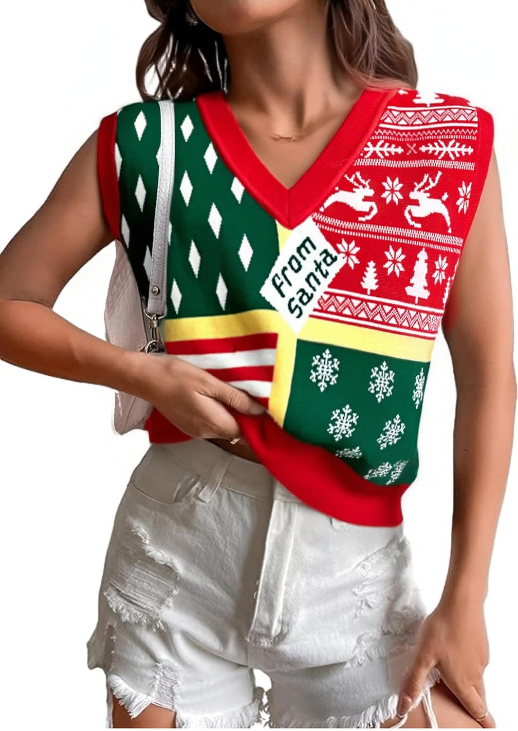 JULYCLO Christmas Sweater Vest Women Ugly Xmas Reindeer Knit Sweaters Casual Santa Snowflake V Neck Sleeveless Outwear Tops