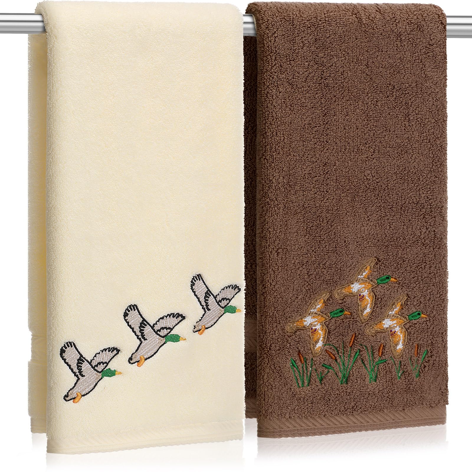 Mindsoft 2 Pack Mallard Duck Hand Towels 14 x 29 Inch Cotton Embroidered Mallard Duck Bathroom Towels Absorbent Soft Gifts for Bath, Kitchen, Spa, Gym