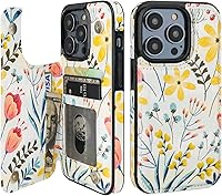 Vista 17 de HAOPINSH Funda tipo cartera para iPhone 14 Pro con tarjetero, patrón de flores pálidas en la parte trasera, de piel sintética, con ranuras