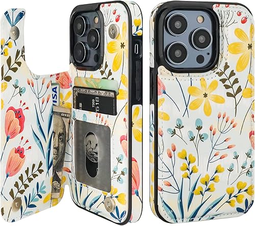 Miniatura 17 de HAOPINSH Funda tipo cartera para iPhone 14 Pro con tarjetero, patrón de flores pálidas en la parte trasera, de piel sintética, con ranuras