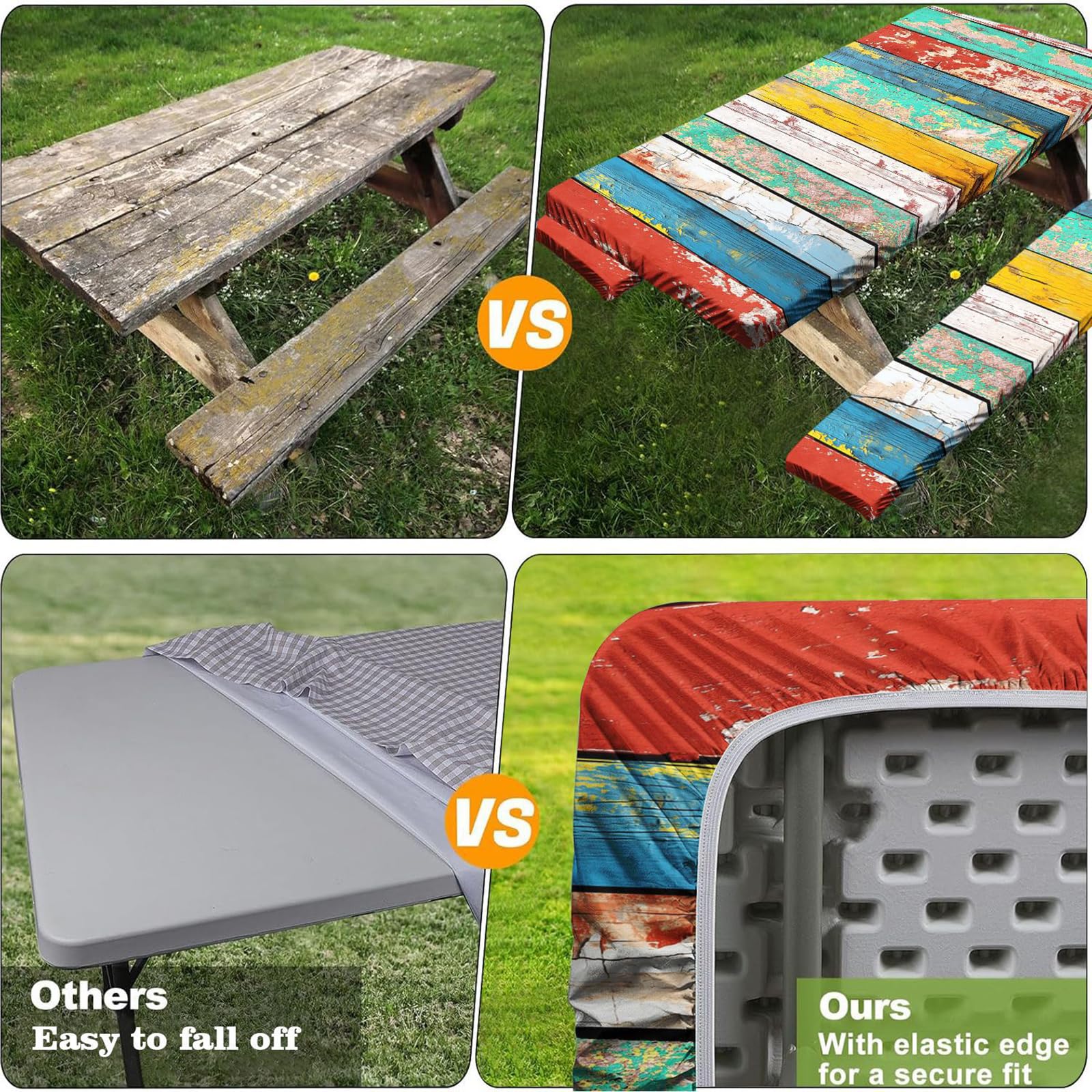 Funda de mesa de picnic ajustada con fundas de banco, funda de mesa de picnic al aire libre, 3 piezas, 8 pies, impermeable, elástico en todo el contorno, imitación de grano de madera, para picnic al