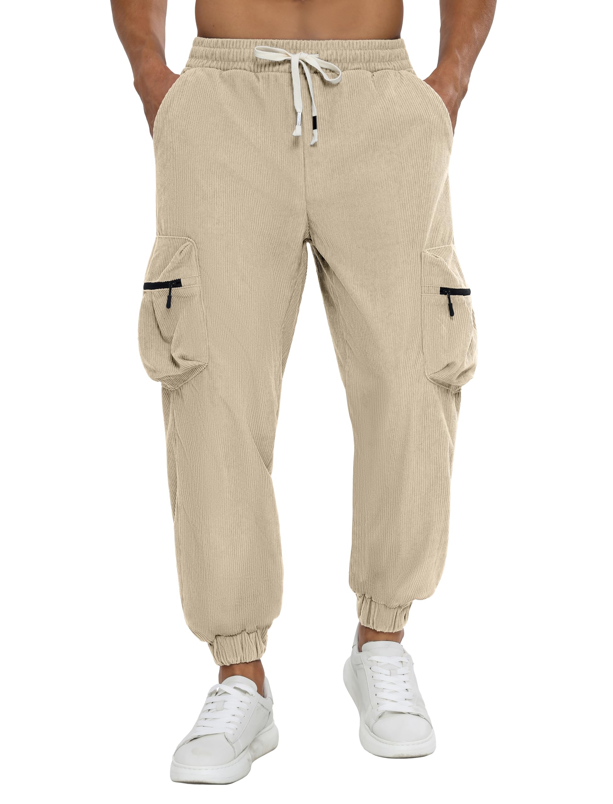 APTRO Mens Corduroy Pants Cargo Casual Trousers Baggy Tapered Elastic Waist Joggers with Drawstring and Zipper Pockets