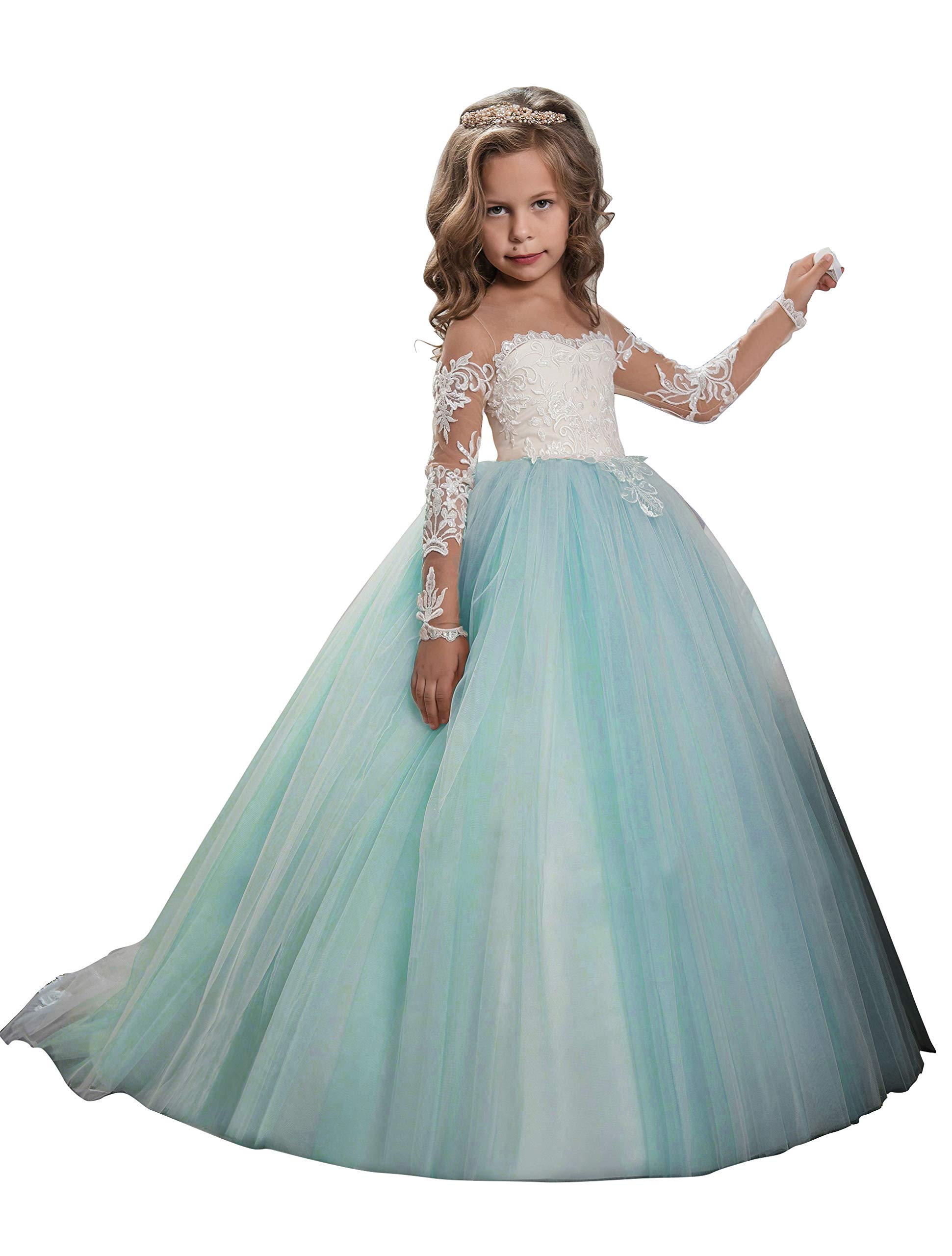 Abaowedding Girls Lace Embroidery Long Sleeve Trailing Gown - Flower Girl, Communion, Pageant Dress (Size 4) - View #10