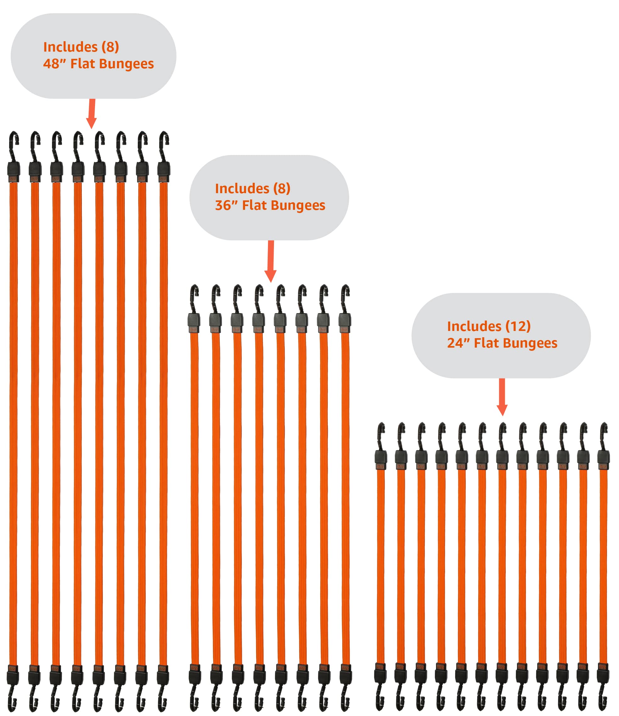 BLACK+DECKER BDX1015 Lot de 28 tendeurs à sangles plates robustes de qualité supérieure 61 cm, 91,4 cm, 121,9 cm