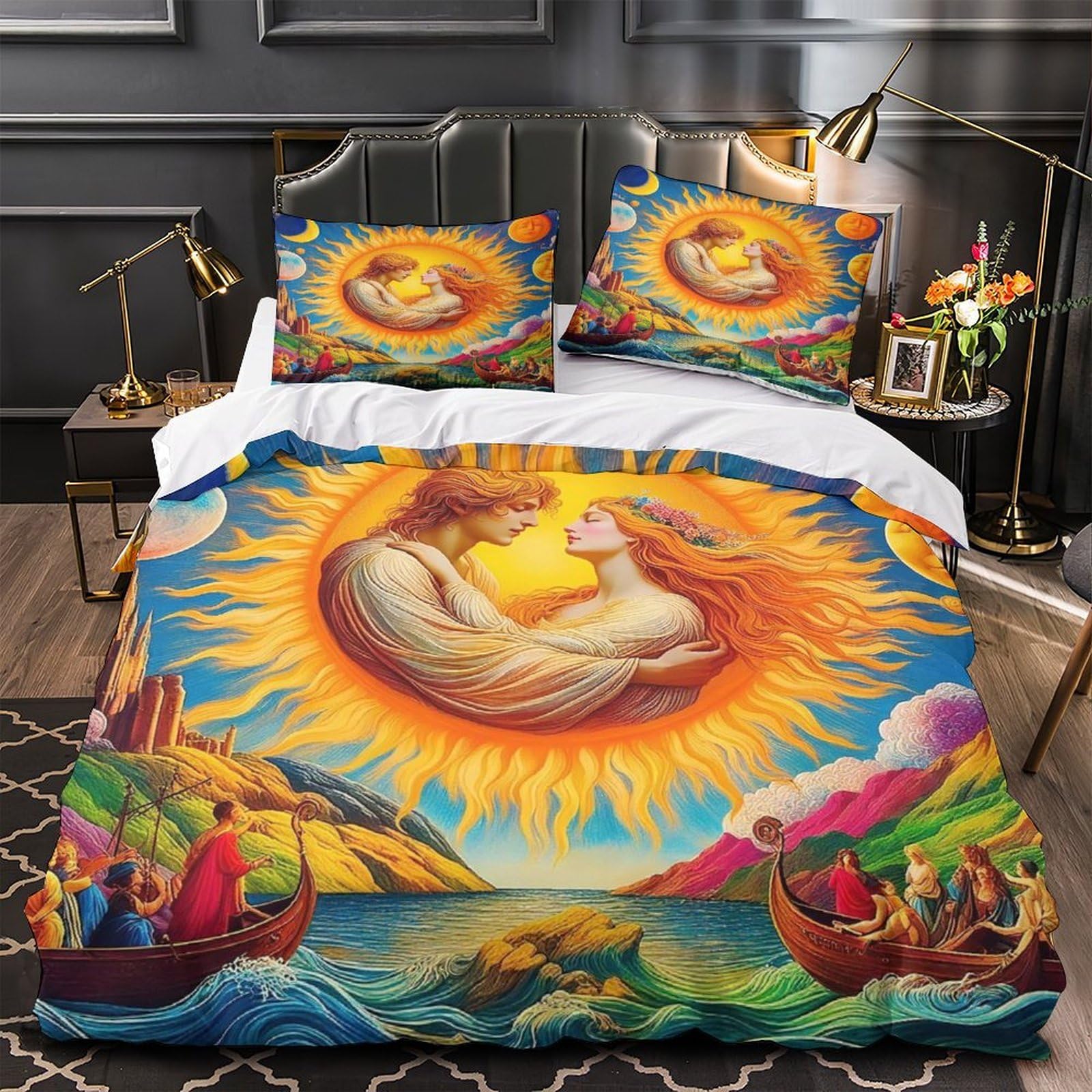 Housse de couette soleil et lune pour chambre d'enfant parure de lit colorée 3D