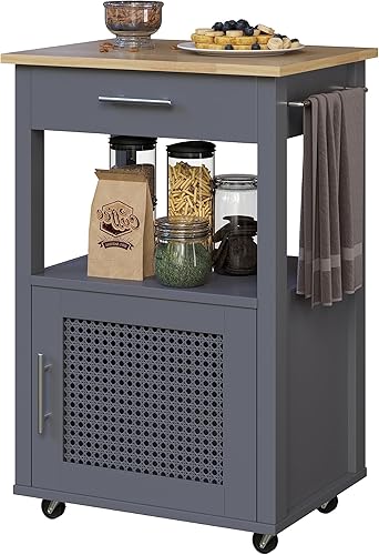 Tornama Carrito de cocina rodante, pequeño carrito de isla de cocina con ruedas con parte superior de madera, armario de almacenamiento y cajón,