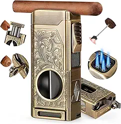 Scotte Isqueiro De Charuto, Isqueiro De Maçarico De 4 Jatos, Isqueiro De Butano Recarregável Com Cortador De Charutos, Suporte Para Charutos Com Corte Em V, Intensificador De Tiragem De Charutos, Ót