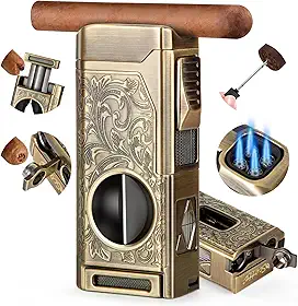 Scotte Isqueiro De Charuto, Isqueiro De Maçarico De 4 Jatos, Isqueiro De Butano Recarregável Com Cortador De Charutos, Suporte Para Charutos Com Corte Em V, Intensificador De Tiragem De Charutos, Ót