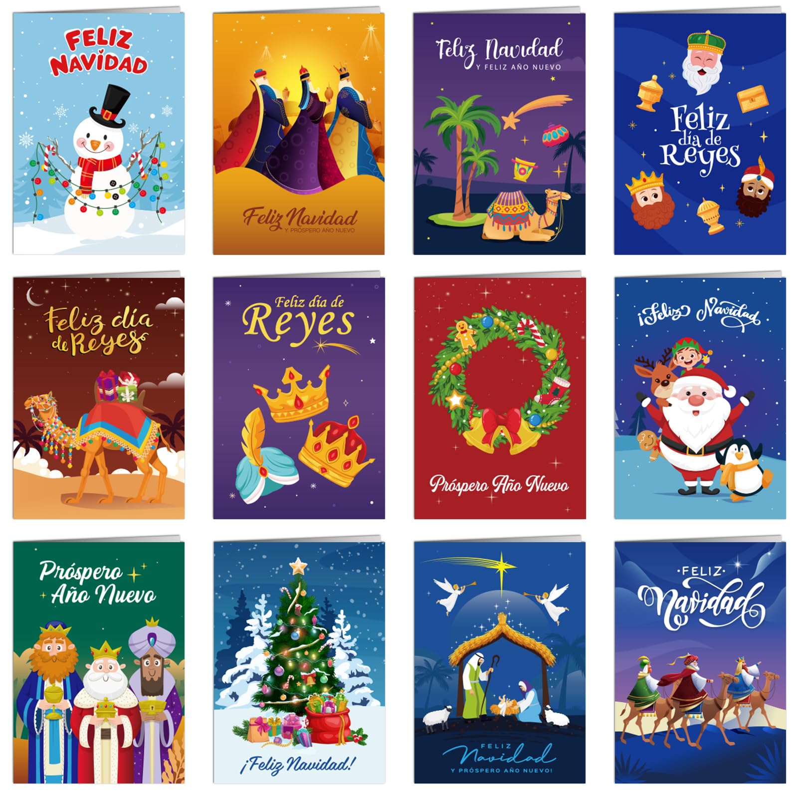 BOFUNX 12pcs Mini Tarjetas de Reyes Magos Tarjetas Feliz Navidad Tarjetas Navideñas Felicitación en Español Cartas Postales Plegadas con Sobres Felicitaciones para Navidad Día de Reyes 10.5x7.3cm