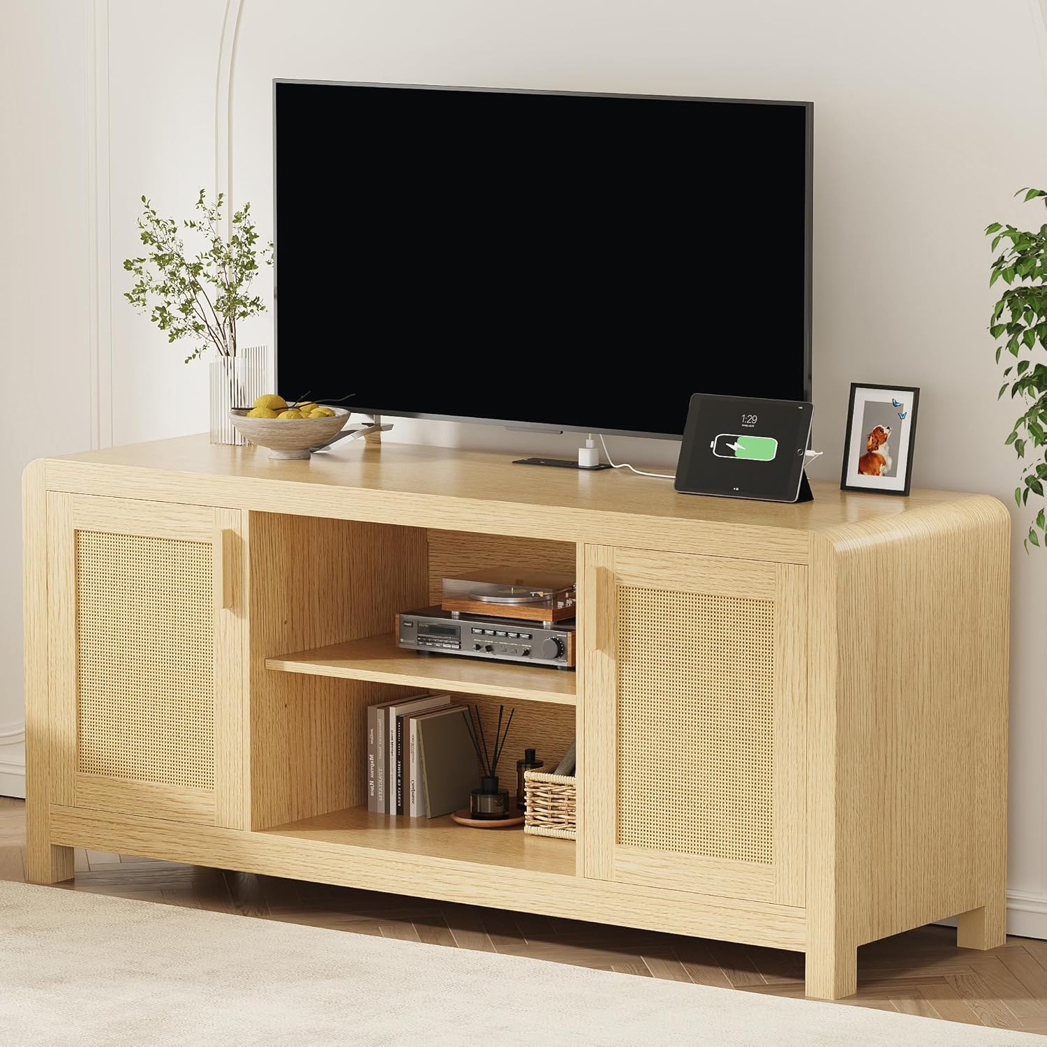 LIKIMIO TV Stand with Power Outlet for TVs up to 65", Entertainment Center with Rattan Doors Storage & Adjustable Shelves, Cord Holes, Modern Media Console for Living Room, Natural