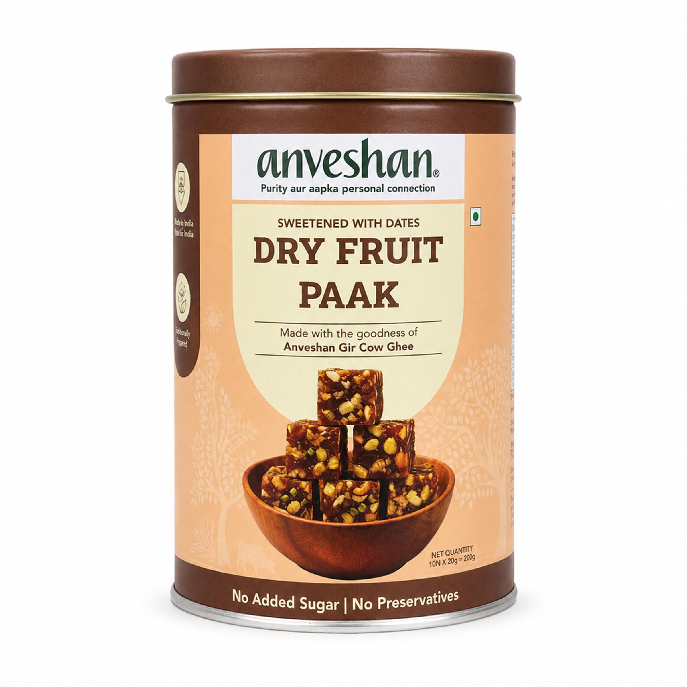 Anveshan Dry Fruit Paak | Pack of 10 (200g, Tin Jar) | Almonds, Cashews, Pistachios Roasted in Anveshan Gir Cow Ghee | Dry Fruits Nuts and Healthy Snacks Sweets | Rich in Fibre and Protein-image-19