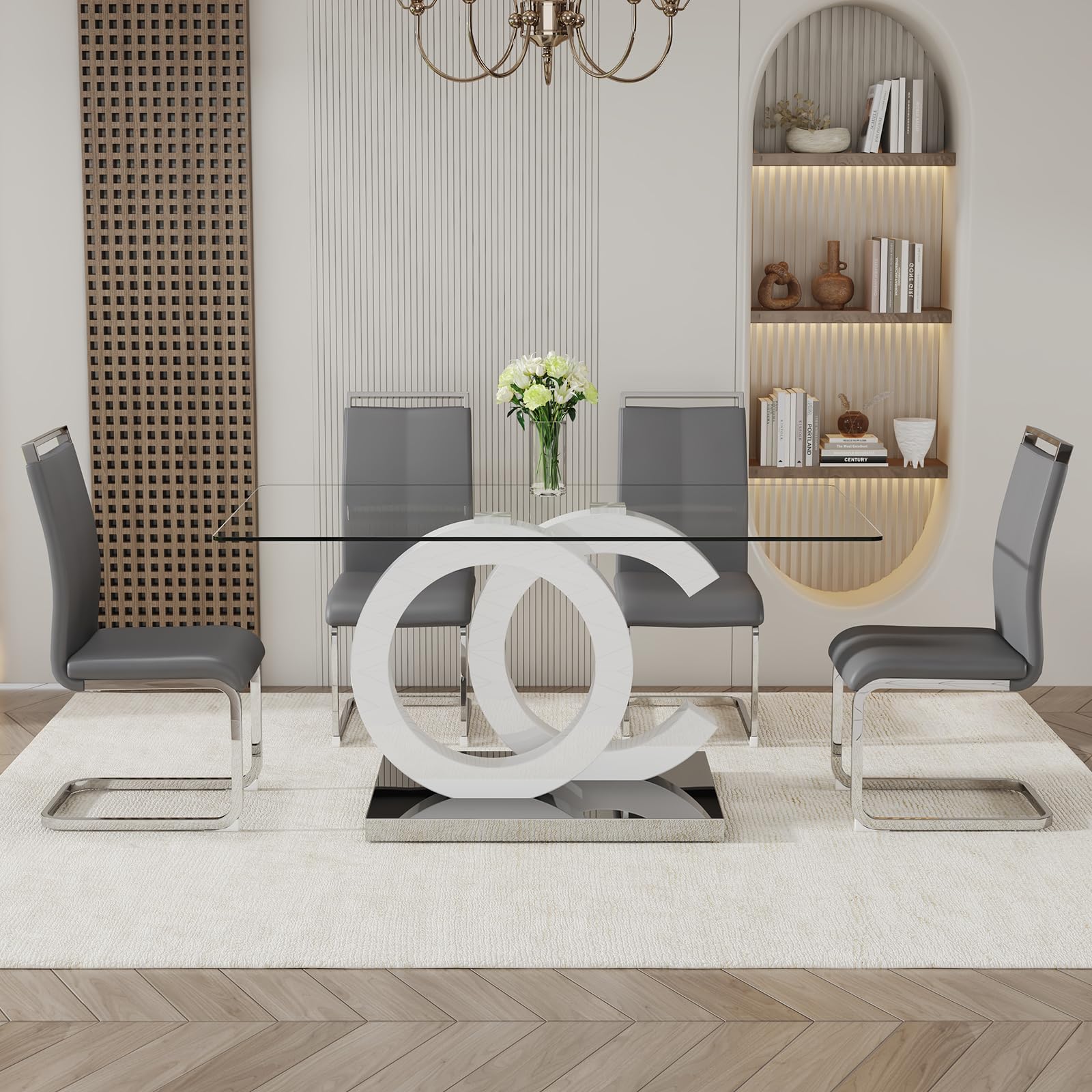 Ebullient Glass Dining Table Set for 4 ，5 Piece Dining Table Set,Tempered Glass Table Top，White Modern Dining Room Table with 4 PU Leather Ergonomic