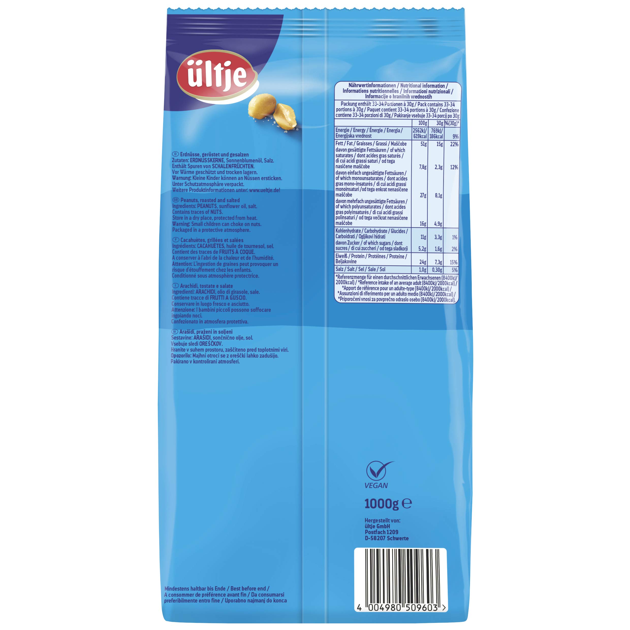 ültje Erdnüsse geröstet & gesalzen, 5er Pack (5 x 900 g) & Studentenfutter, original, 1.000g