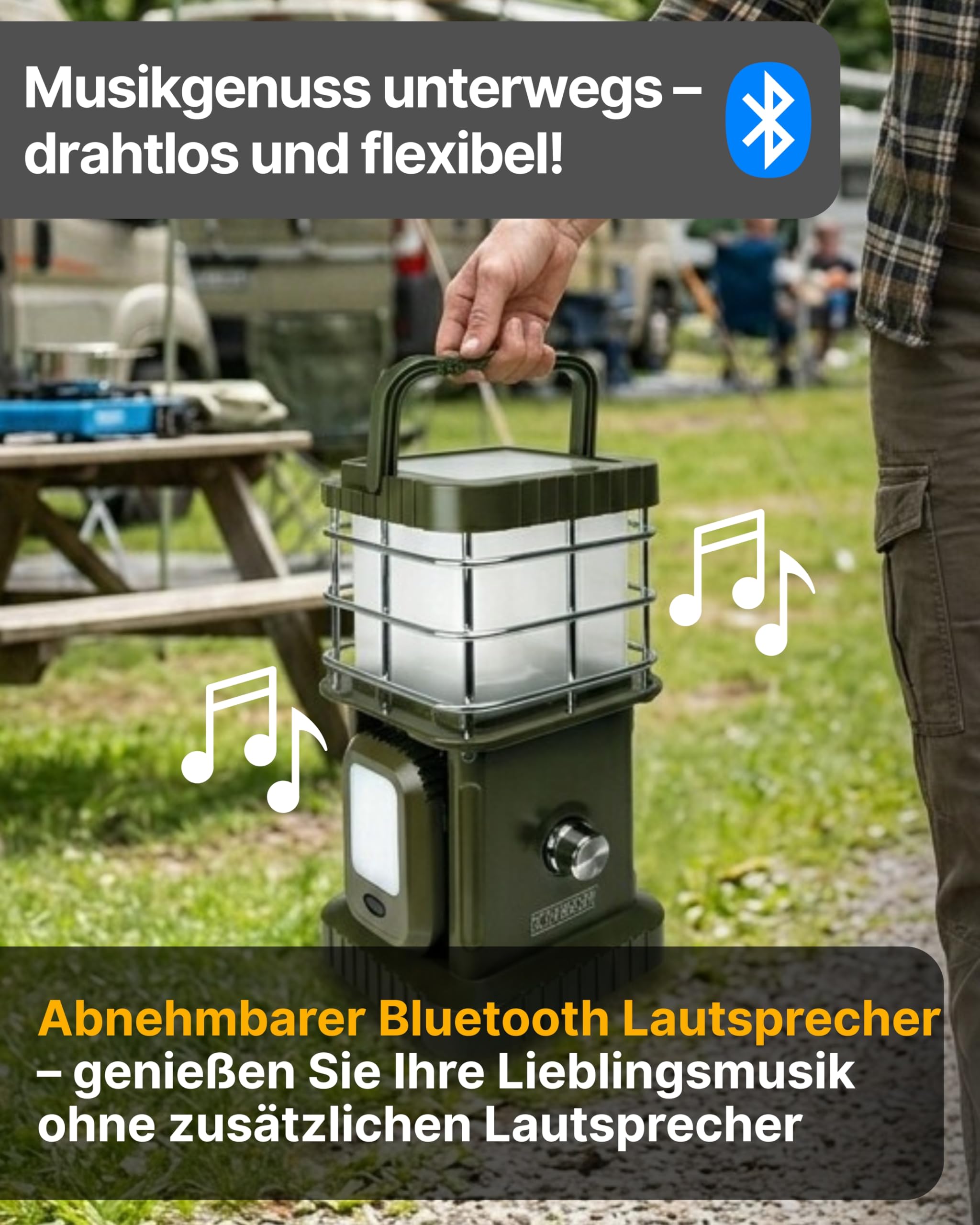 SCHWAIGER LED Campingleuchte mit Bluetooth Lautsprecher I Campinglampe mit 2 Zusatzleuchten & Powerbank-Funktion I dimmbares Campinglicht 400 lm I multifunktionale Outdoor Lampe