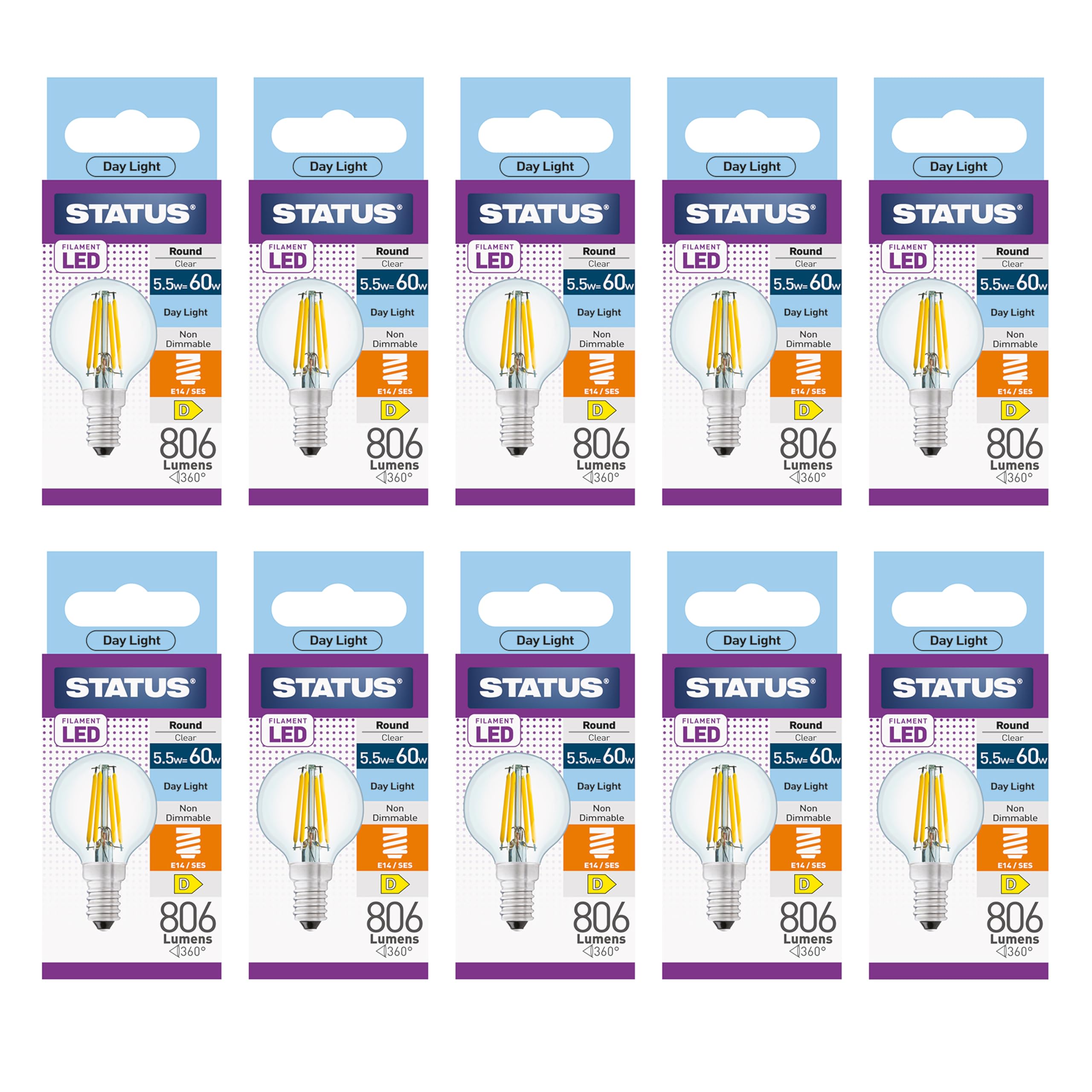 Status 5.5w = 60w = 806 lumens Filament LED - Round - SES- Clear - Day Light - 1 pk Box - in White CDU
