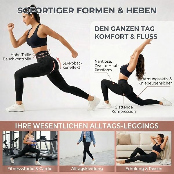 Anti Cellulite 3D Kompressionleggings Damen High Waist Push Up Legging Lymphdrainage Gym Scrunch Sport Yoga Hose Sportbekleidung - 4