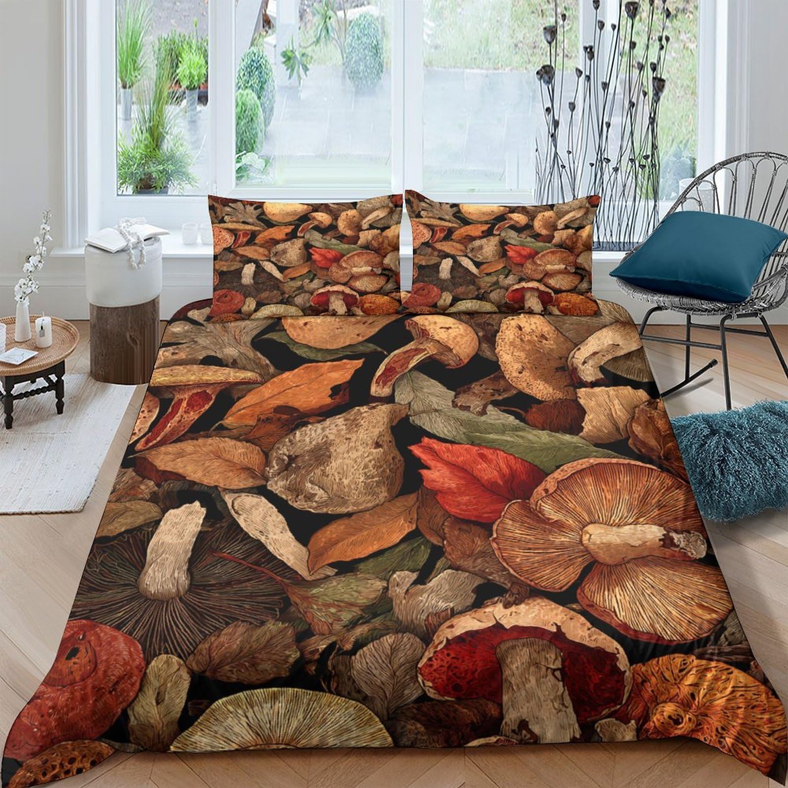 Ctjqhvkz Style-9 3D Printed Autumn Forest Fitted Sheet Microfiber Soft Breathable Mushroom Leaf Mattress Cover Bedroom Decor Single（135X200cm）