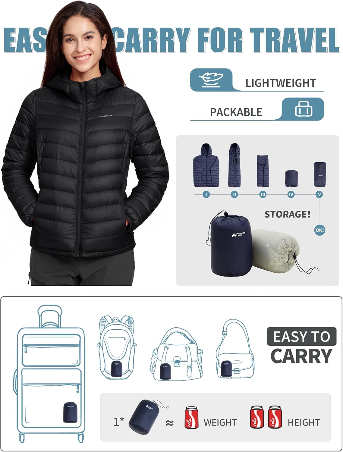 Pioneer Camp Women's Packable Puffer Jacket Winter Light Weight Water-Repellent Quilted Coat with Hood - Image 5