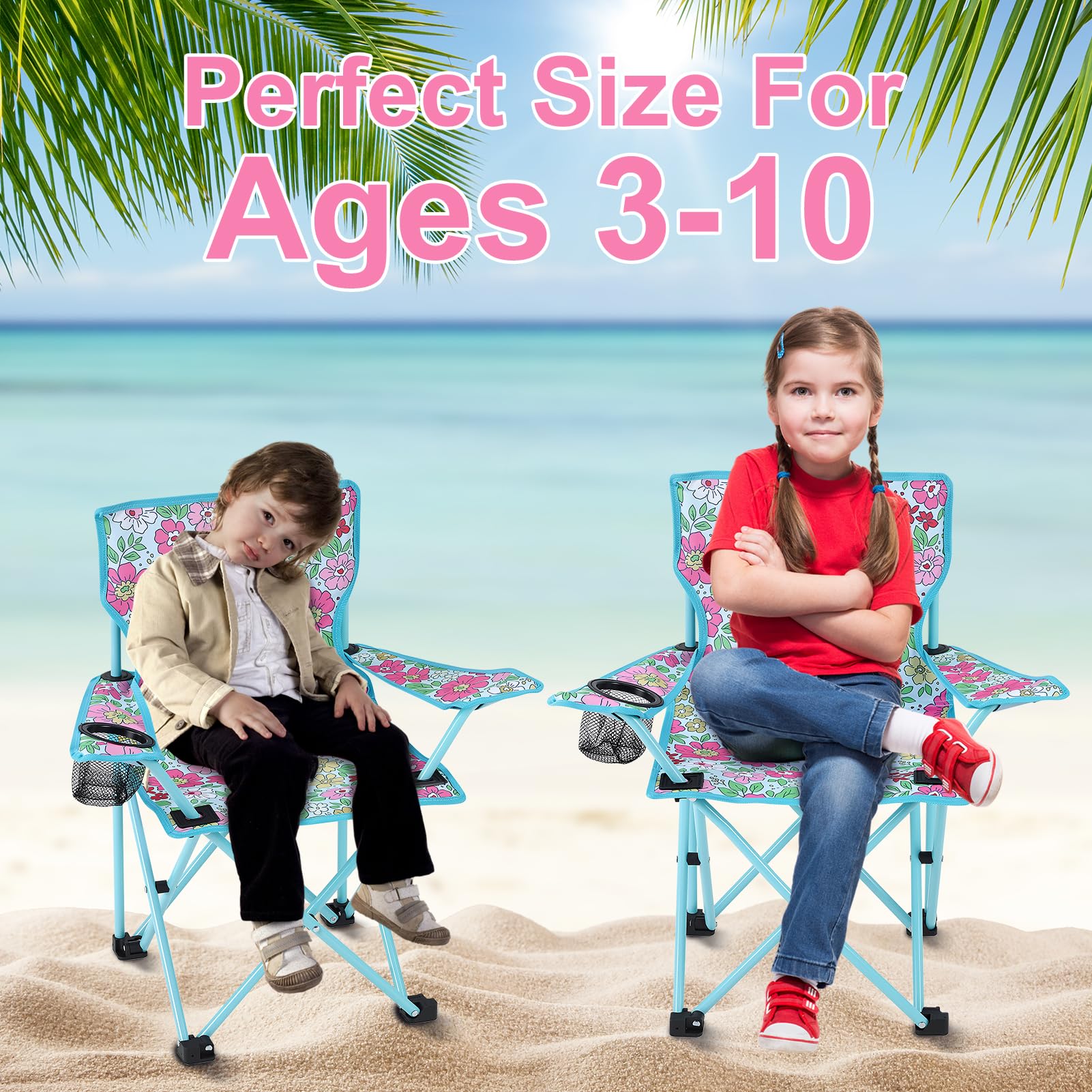 Chaise de camping pliable pour enfant - Avec porte-gobelet - Pour pique-nique, camping, pêche, extérieur (fleurs)